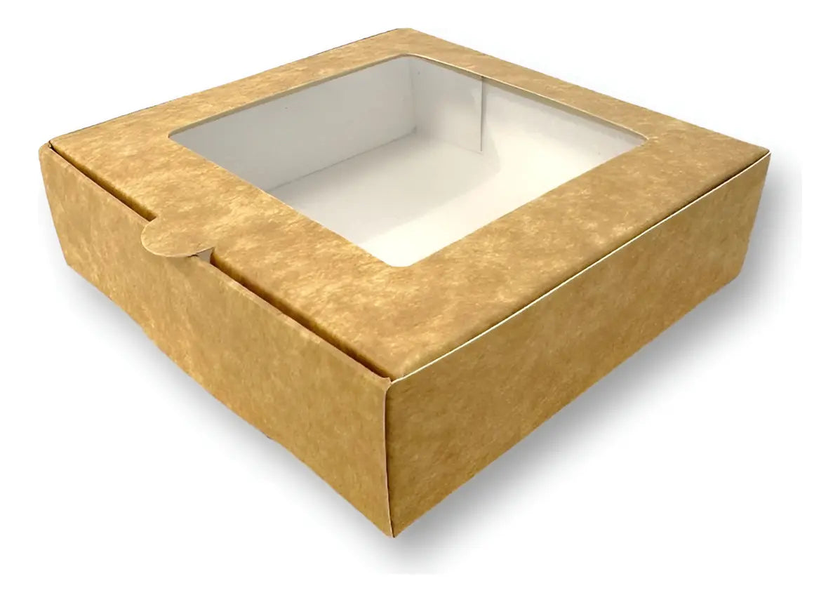 Caja para 4 alfajores con visor kraft café | Pack 10 unidades | KraftColors Chile