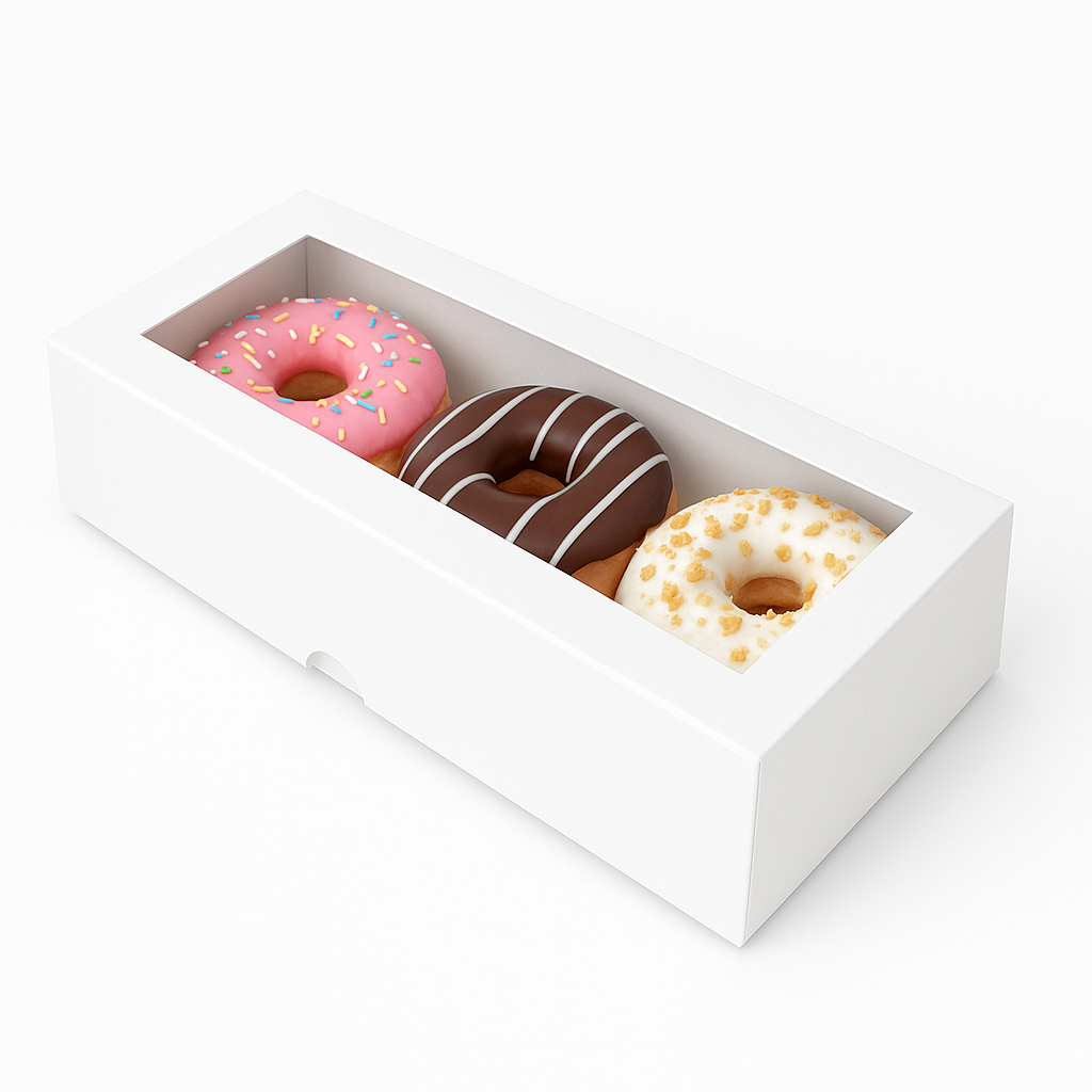 Caja para 3 Donas - Dulces con Visor | 29x10,5x5 cm | Pack 10 | Kraftcolors