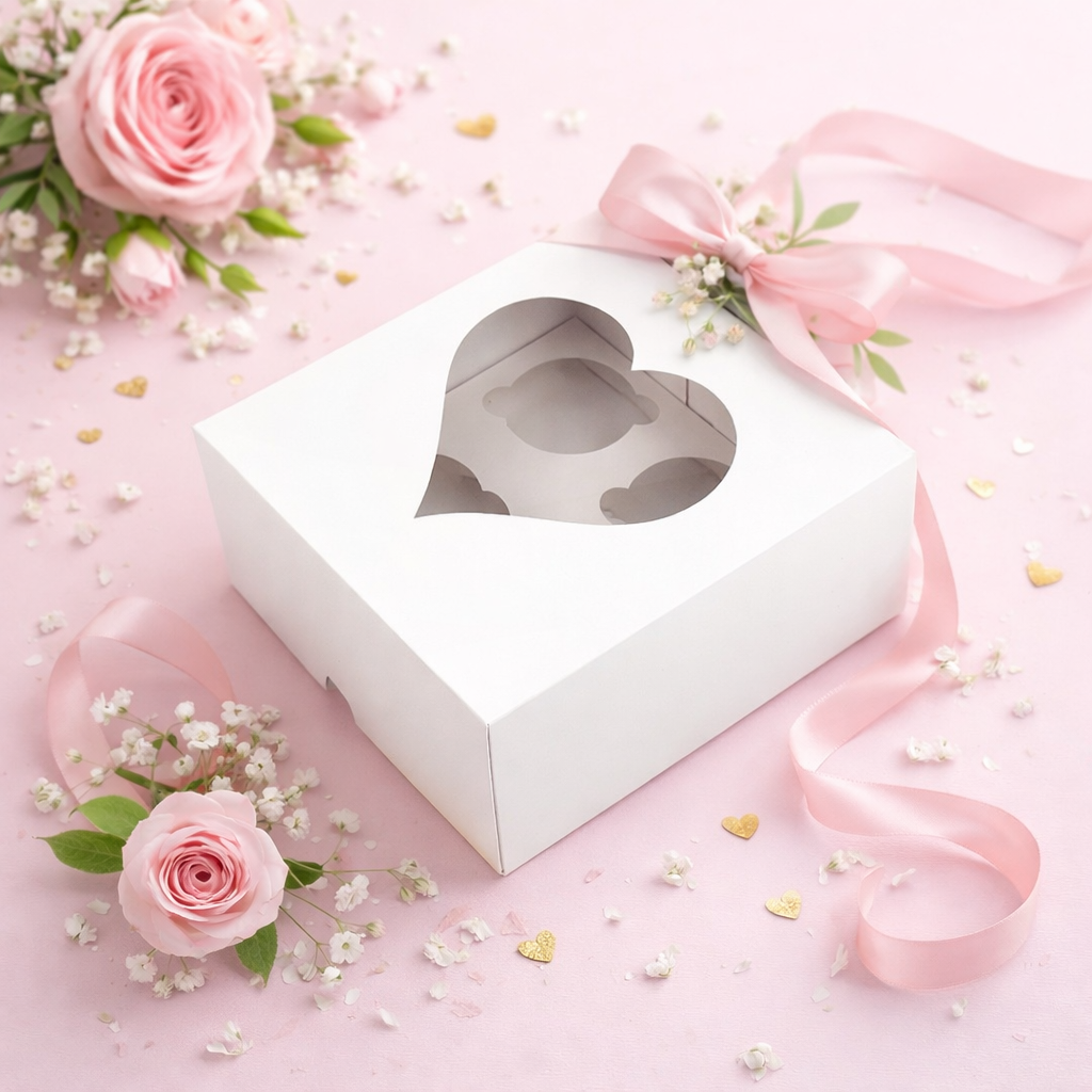 Caja para 4 Cupcakes con Visor Corazon | 17x17x8 cm | Pack 10 | Kraftcolors