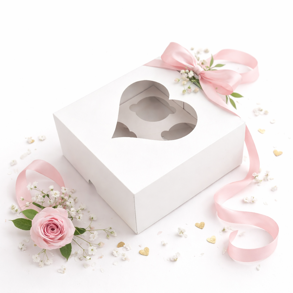 Caja para 4 Cupcakes con Visor Corazon | 17x17x8 cm | Pack 10 | Kraftcolors