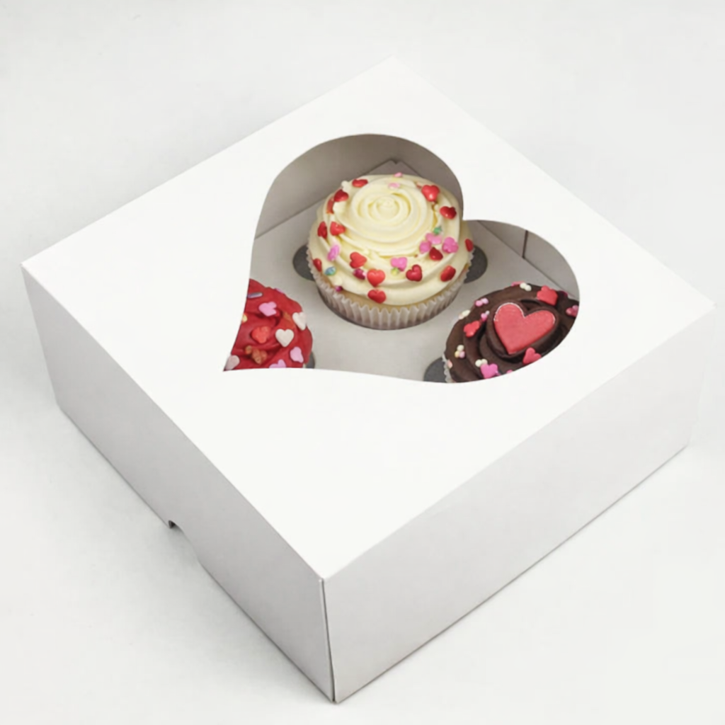 Caja para 4 Cupcakes con Visor Corazon | 17x17x8 cm | Pack 10 | Kraftcolors
