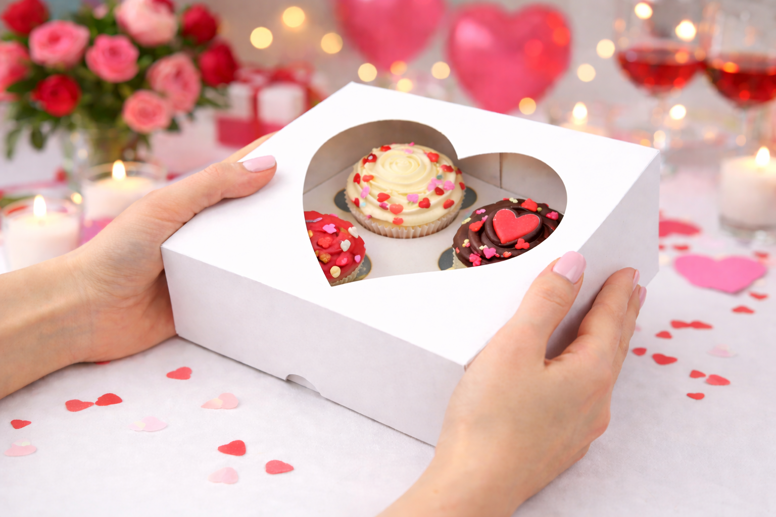 Caja para 4 Cupcakes con Visor Corazon | 17x17x8 cm | Pack 10 | Kraftcolors