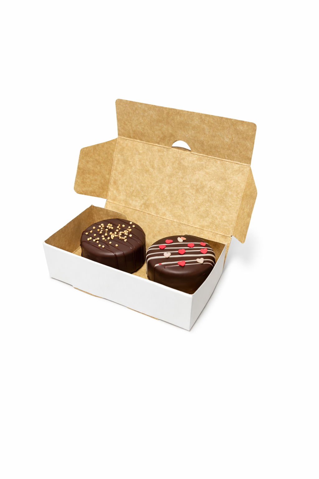 Caja Para 2 Alfajores Reversible Blanca/Reverso Café 14x7x4 cm Pack 10 | Kraftcolors