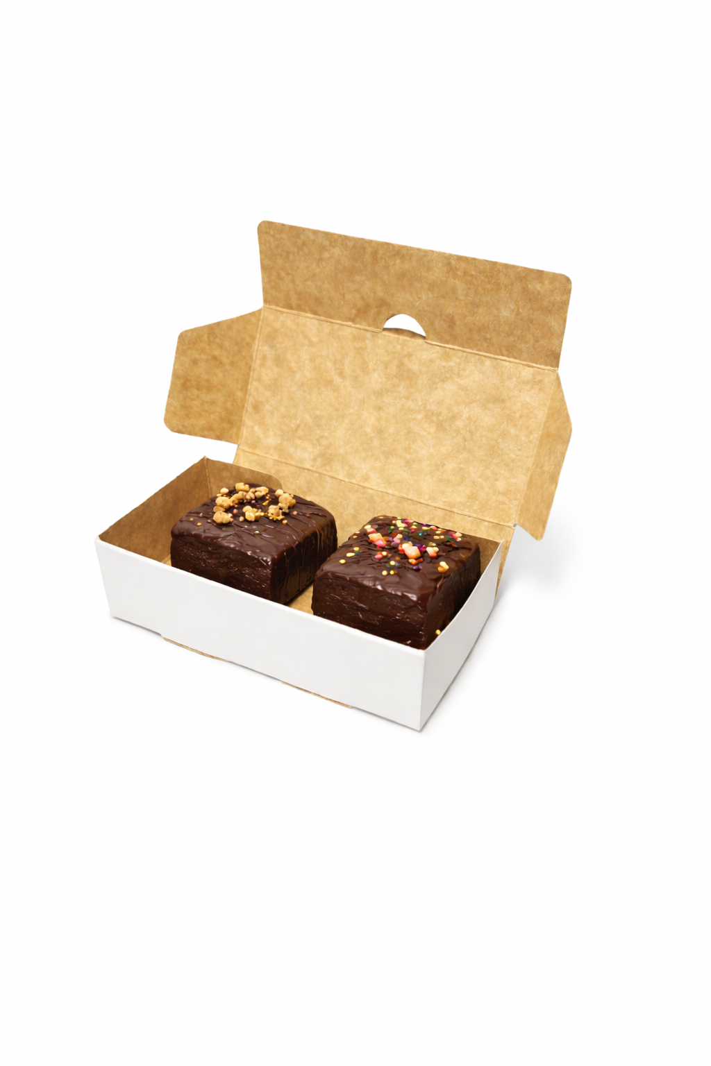 Caja Para 2 Alfajores Reversible Blanca/Reverso Café 14x7x4 cm Pack 10 | Kraftcolors