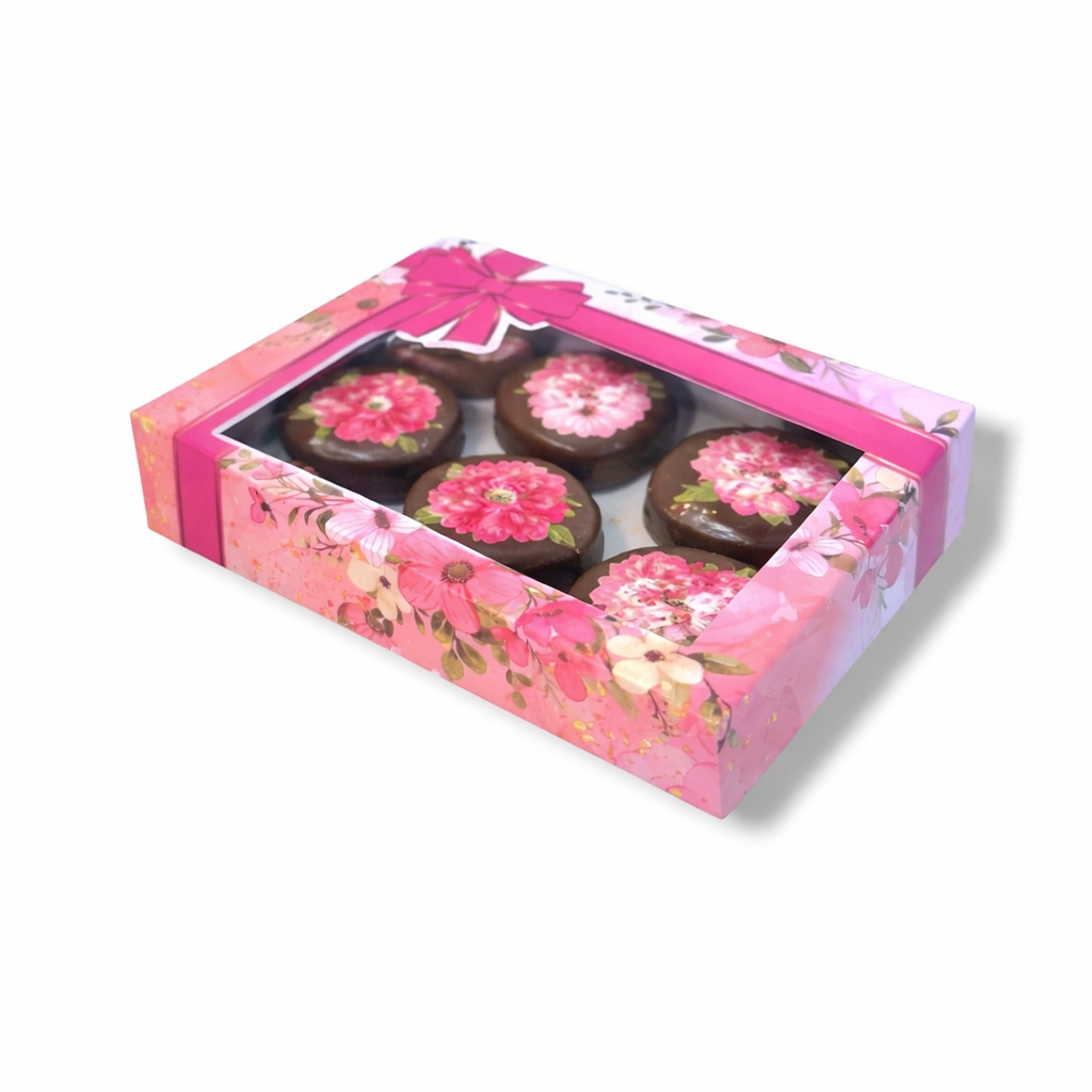 Caja para 6 Alfajores con Visor Lazo y Flores Rosa | 19x14x3 cm | Pack 10 | Kraftcolors