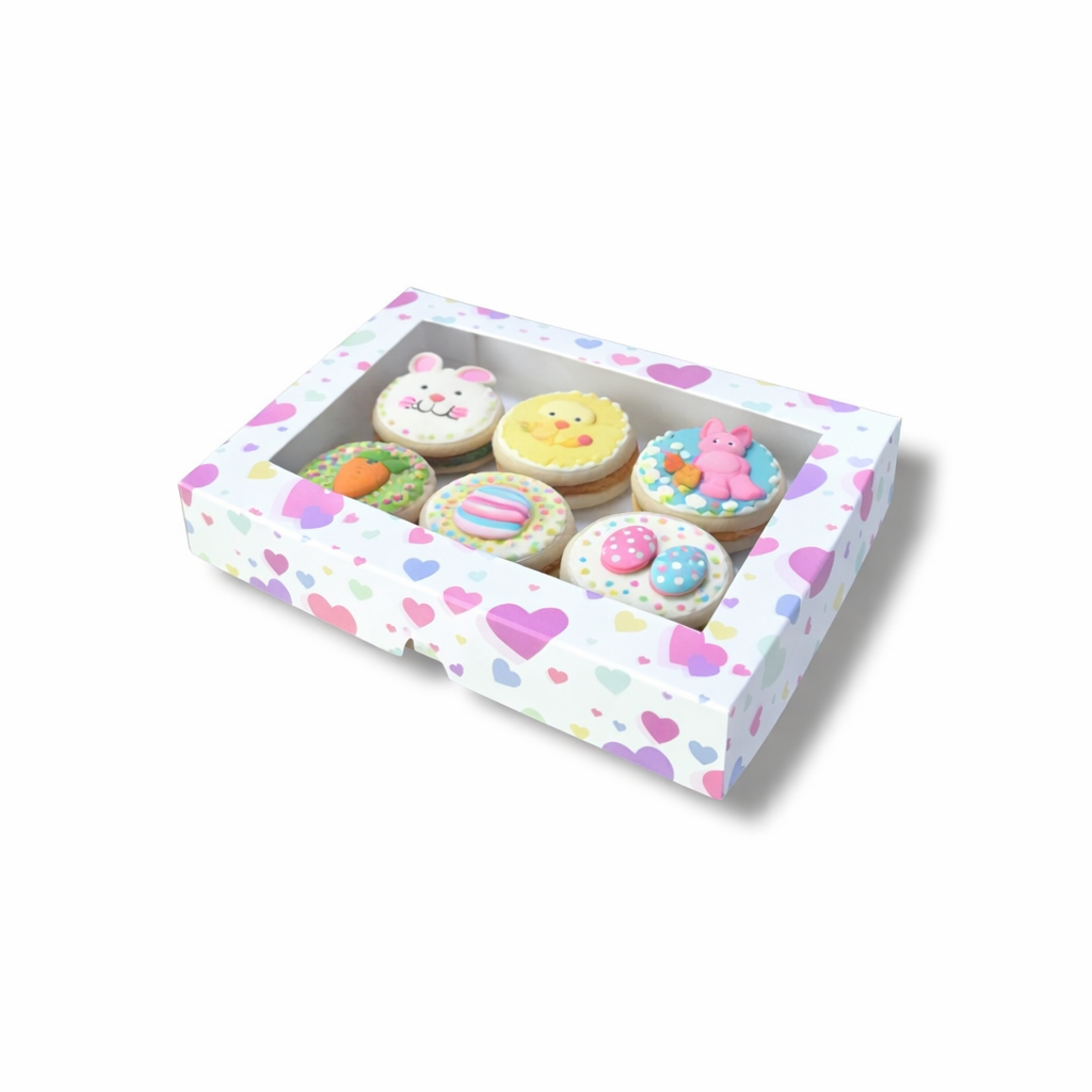 Caja para 6 Alfajores con Visor Corazones Pasteles | 19x14x3 cm | Pack 10 | Kraftcolors