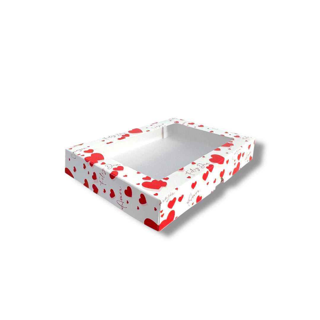 Caja para alfajores con visor diseño corazones rojos | Pack 10 unidades | KraftColors Chile