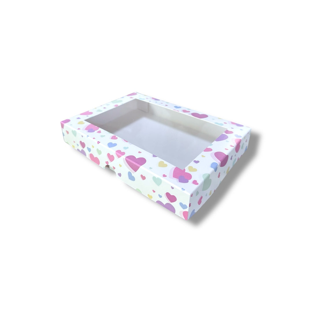 Caja para alfajores con visor diseño corazones multicolor | Pack 10 unidades | KraftColors Chile