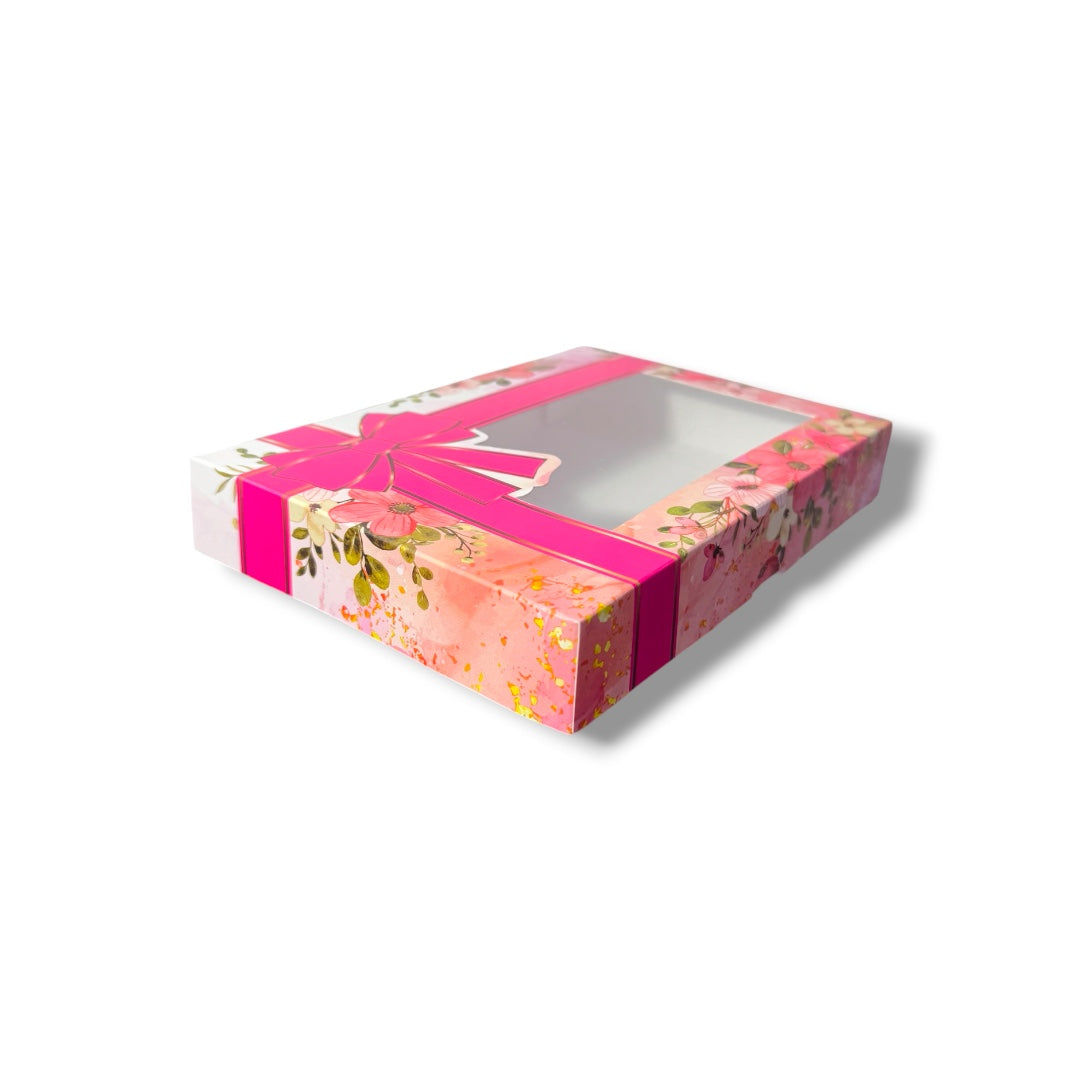 Caja para 6 Alfajores con Visor Lazo y Flores Rosa | 19x14x3 cm | Pack 10 | Kraftcolors