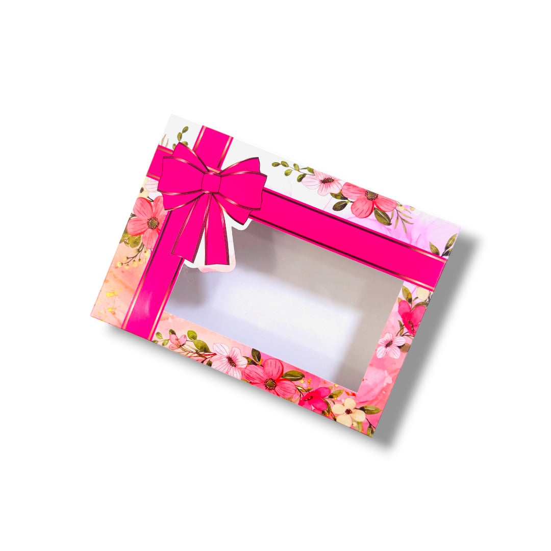 Caja para alfajores con visor diseño flores y moño rosado | Pack 10 unidades | KraftColors Chile