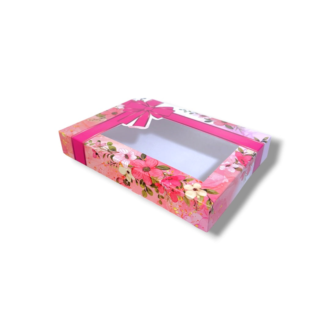 Caja para 6 Alfajores con Visor Lazo y Flores Rosa | 19x14x3 cm | Pack 10 | Kraftcolors