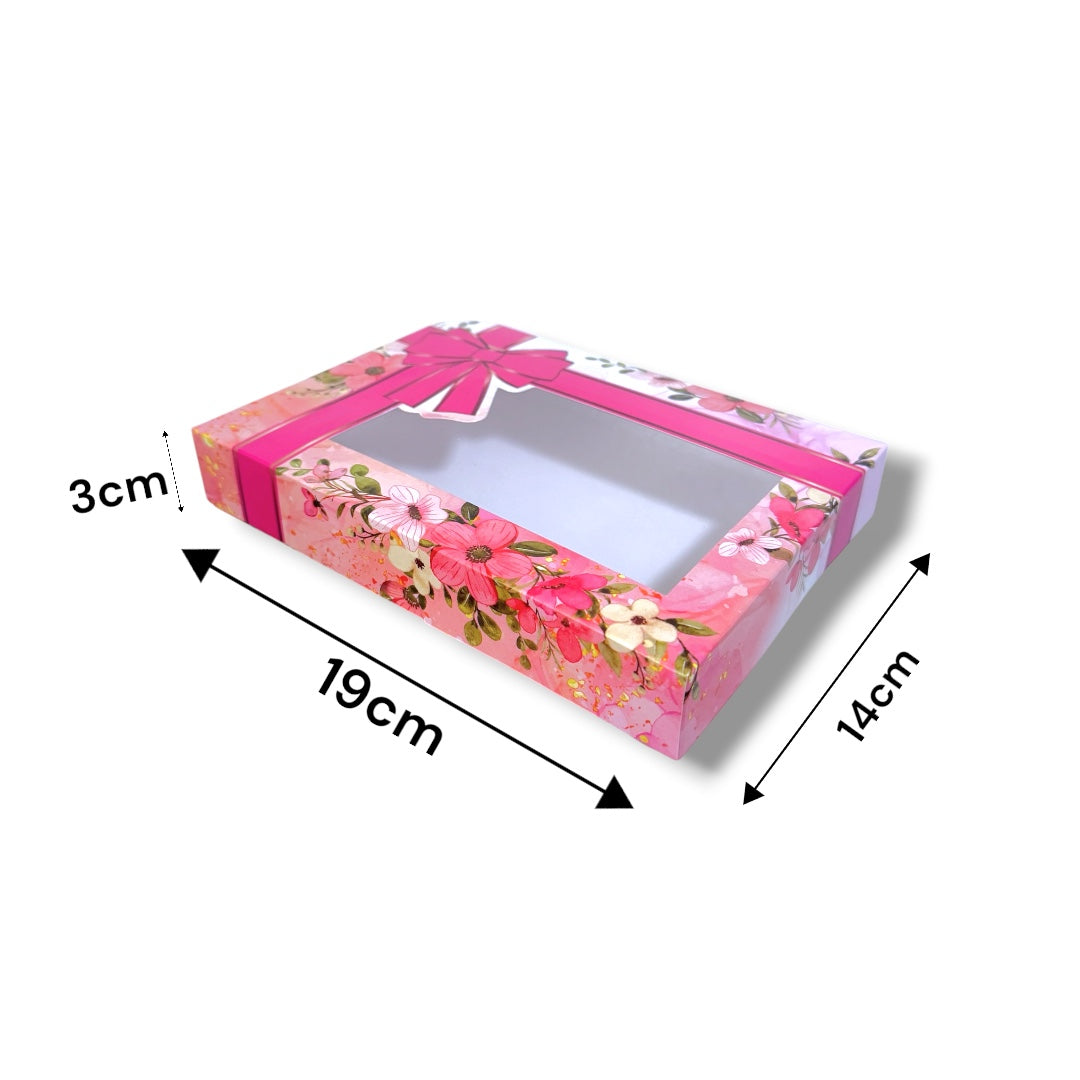 Caja para 6 Alfajores con Visor Lazo y Flores Rosa | 19x14x3 cm | Pack 10 | Kraftcolors